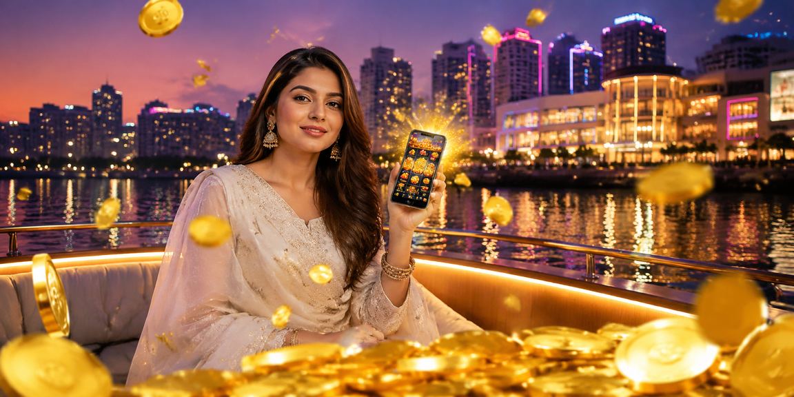 ঢাকার নিয়নলাইটে মোবাইল স্ক্রিনে লটারি গেম উপভোগ করছেন একজন ব্যবহারকারী